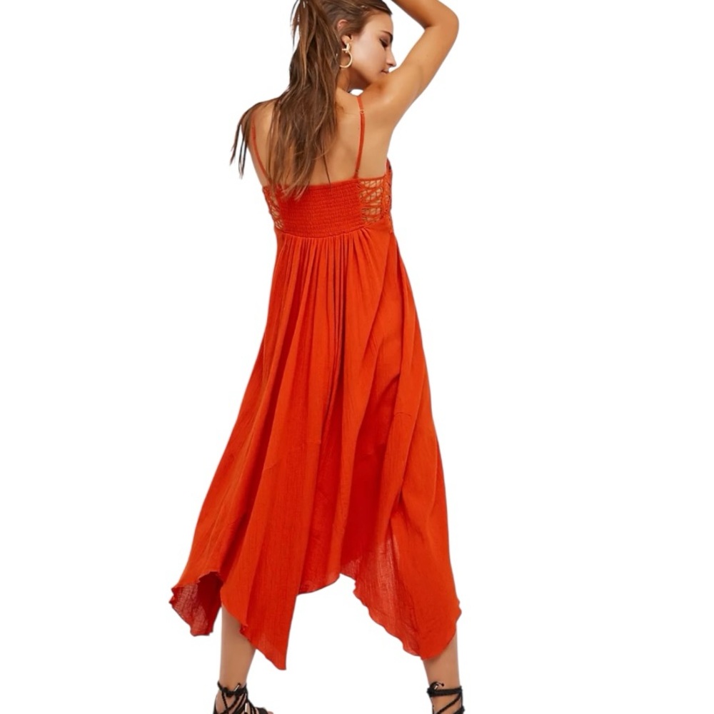 Free People Elaina Orange Crochet Gauze Asymmetrical Maxi Dress in Tangerine - L - Picture 3 of 16
